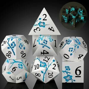 Metal Blue Blossom Dice Glow in the Dark Luminous Set of 7 D4 to D20 D&D TTRPG